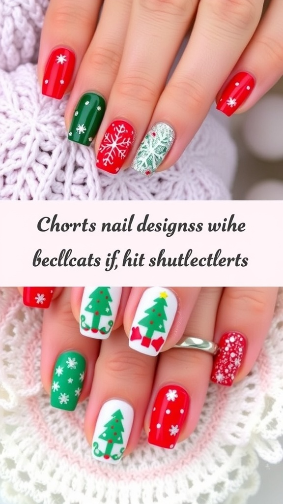 Short Christmas nails with festive designs in red and green, featuring snowflakes and Christmas trees.